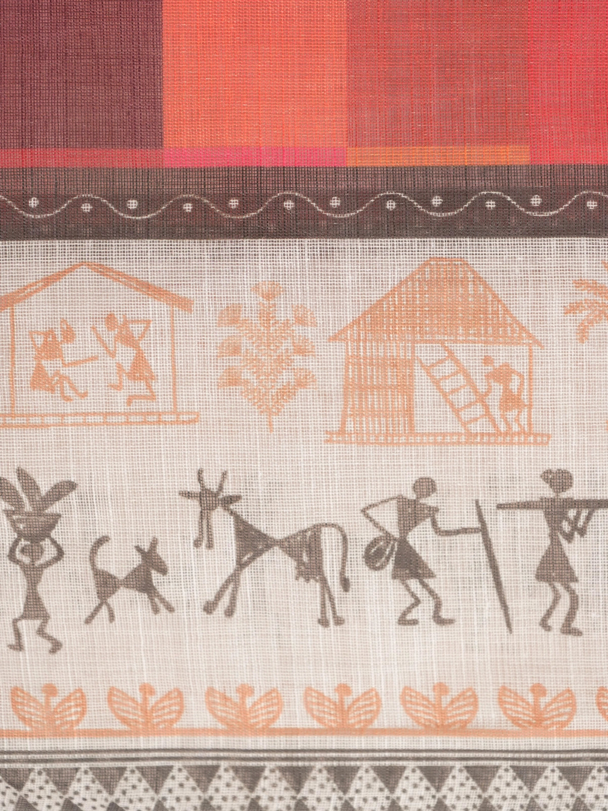 Red and cream multicolour checked linen cotton saree with Warli-print border and pallu