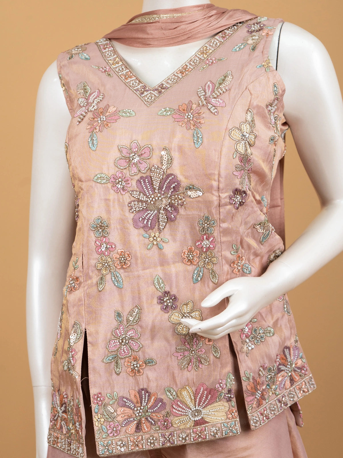Dusty Rose silk floral embroidered straight cut kurti set with palazzo and dupatta