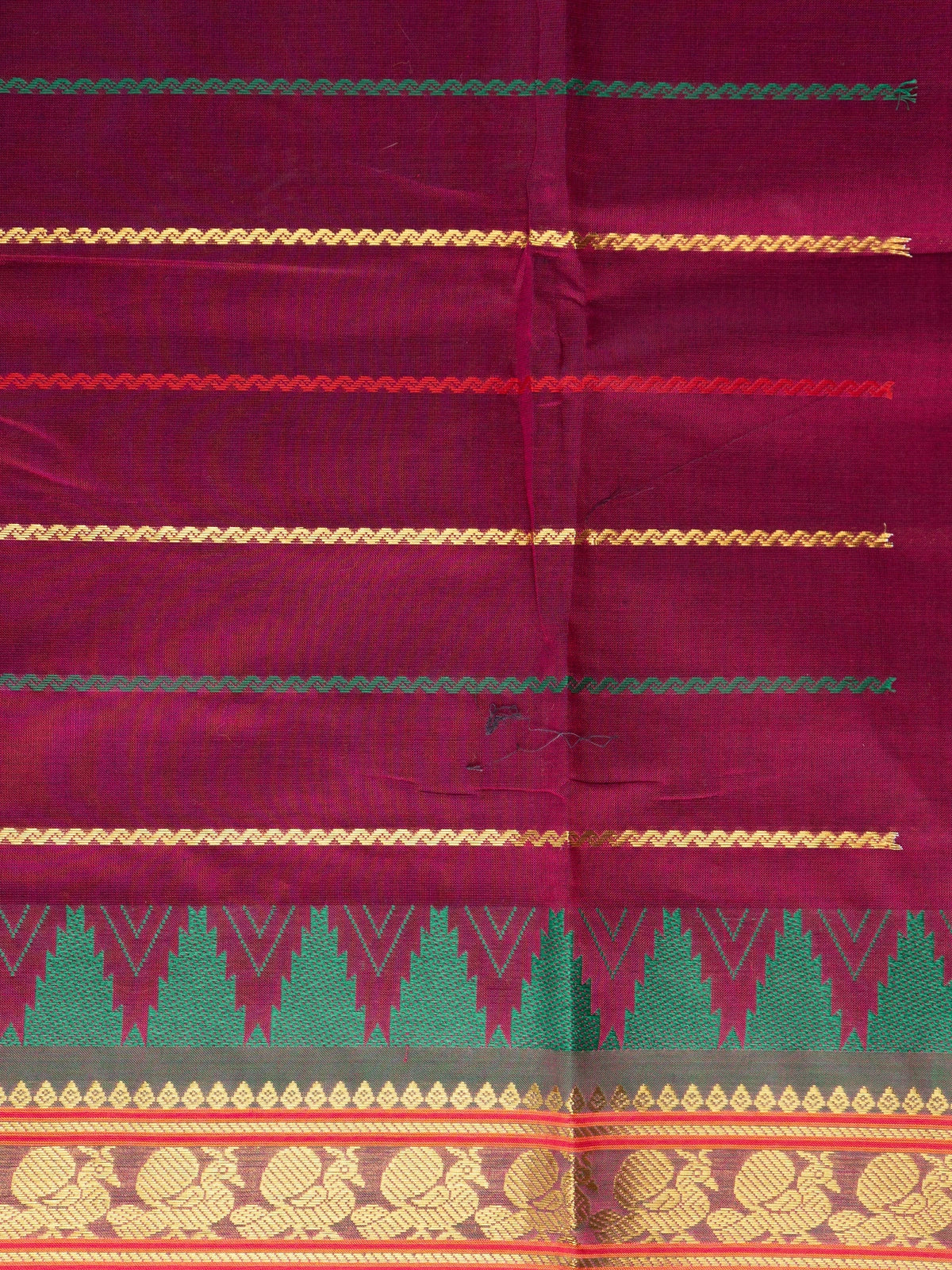 Magenta wine Chettinad cotton saree with red contrast border, gold zari peacock motifs and green temple design