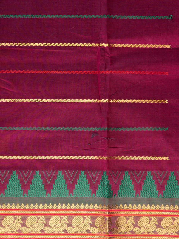 Magenta wine Chettinad cotton saree with red contrast border, gold zari peacock motifs and green temple design