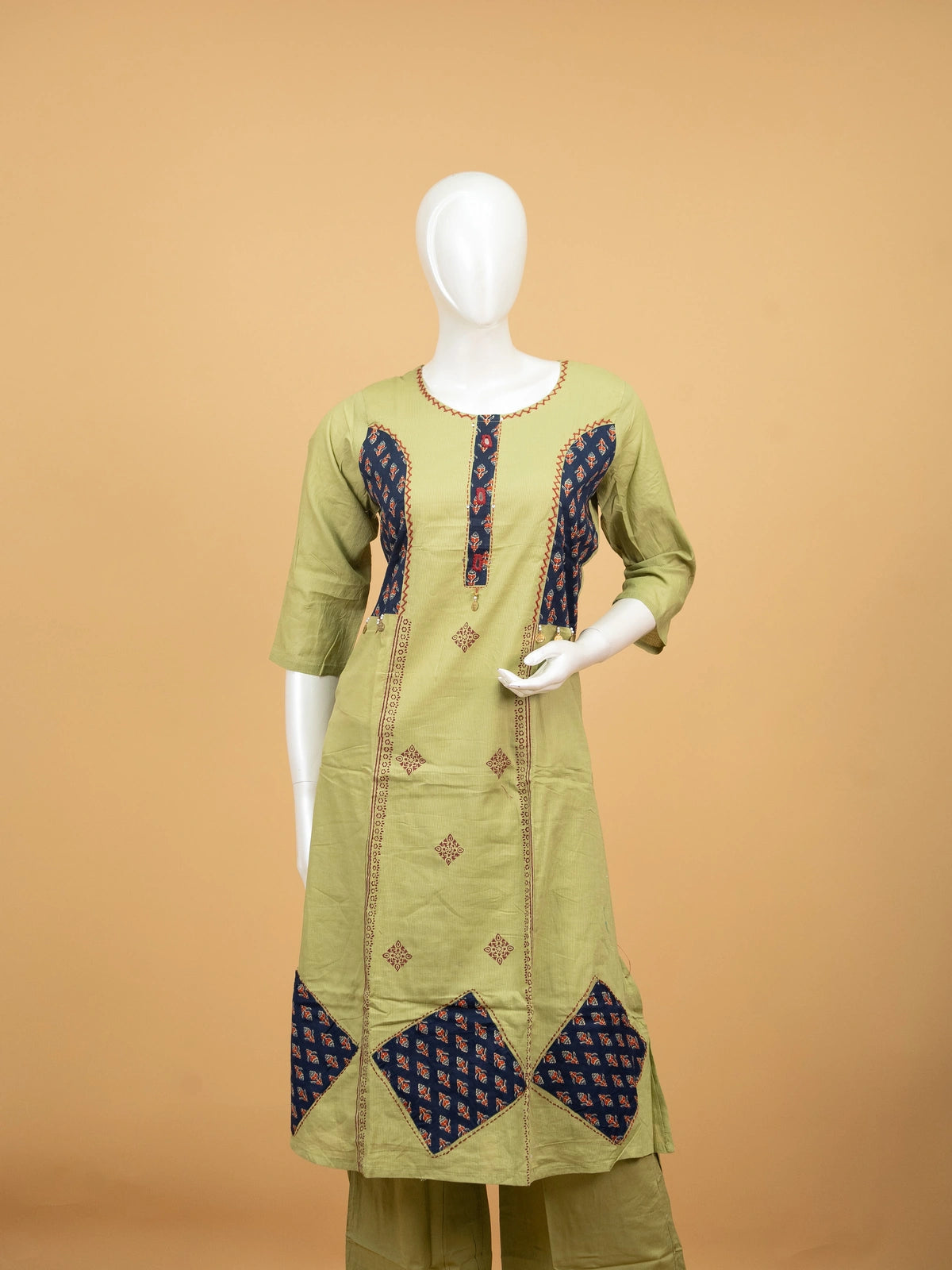 Mehendi green cotton straight cut kurti set with navy Ajrakh patchwork, kantha embroidery and printed dupatta