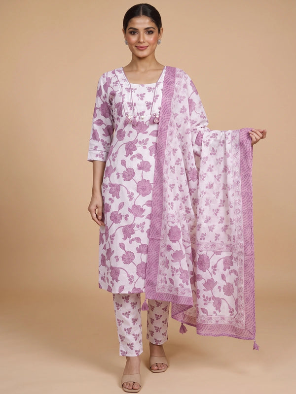 White and mauve floral cotton kurti set with matching pants and printed dupatta