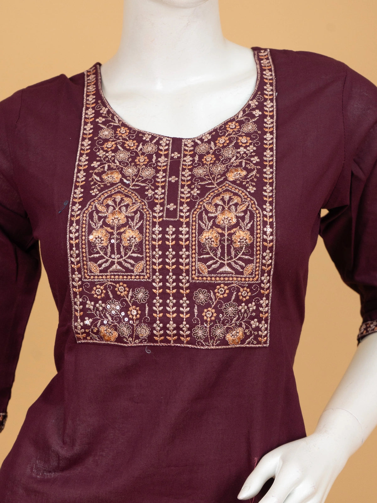 Wine cotton Anarkali kurti top with gold and copper zari embroidered yoke