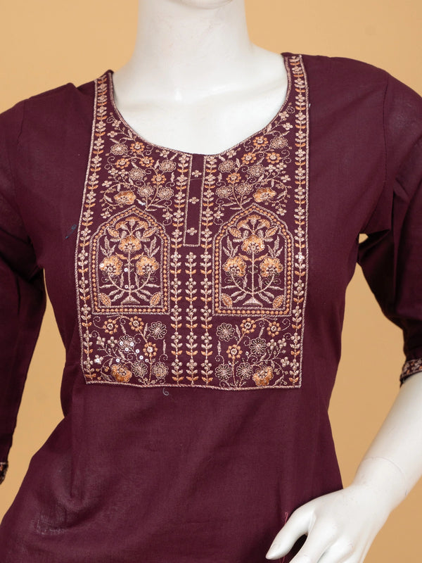 Wine cotton Anarkali kurti top with gold and copper zari embroidered yoke