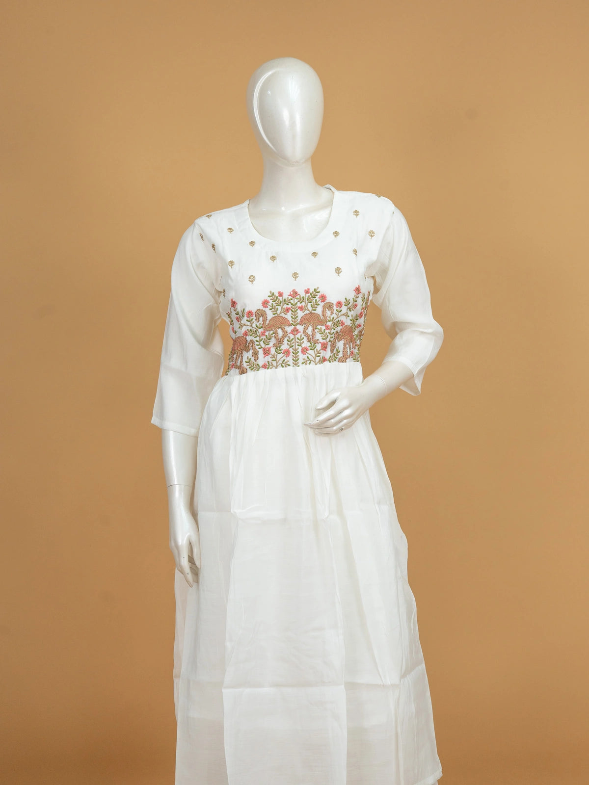 White flamingo embroidered cotton Anarkali kurti set with floral printed dupatta