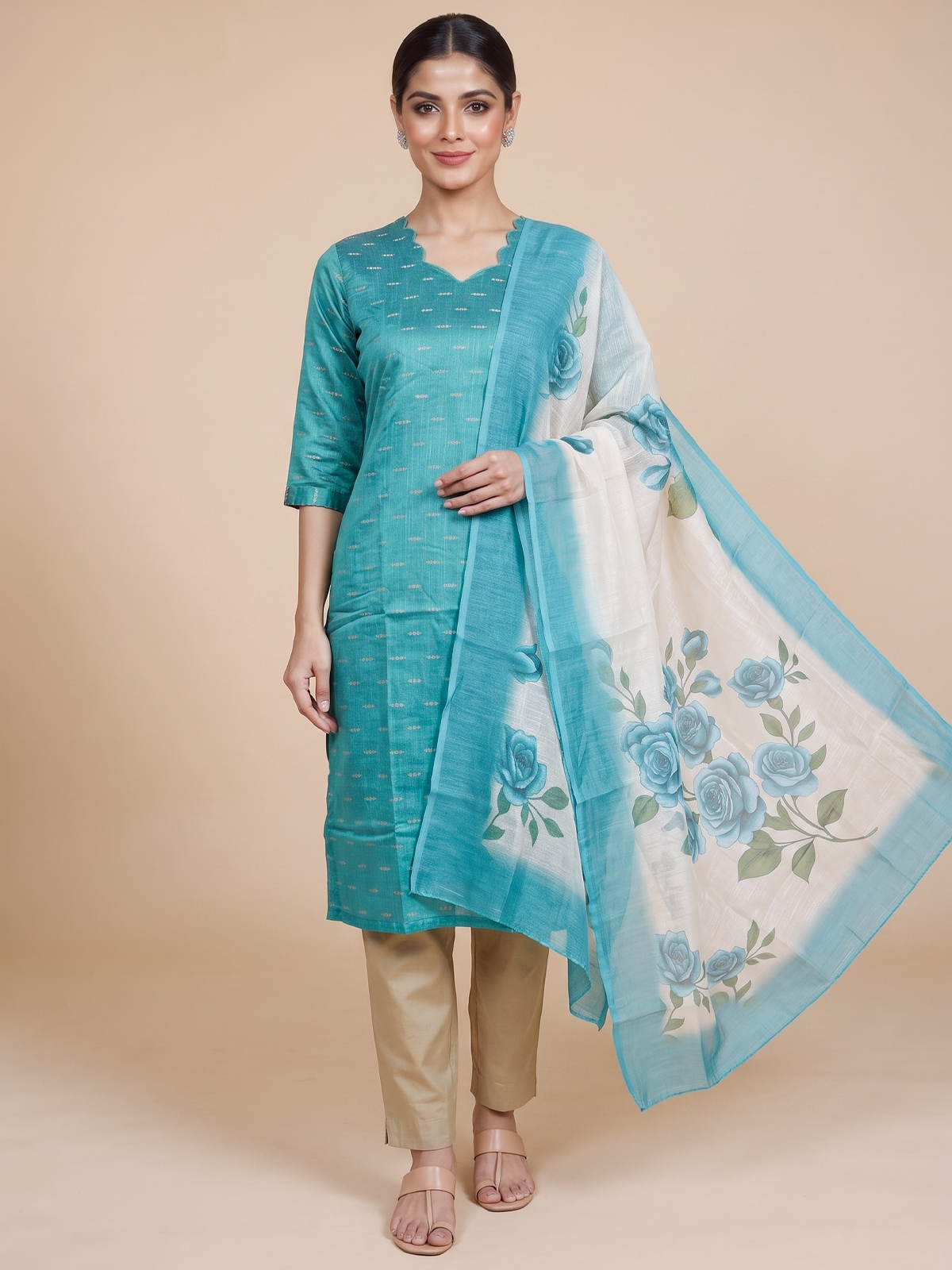 Teal green straight kurti set with woven motifs and off-white floral printed dupatta