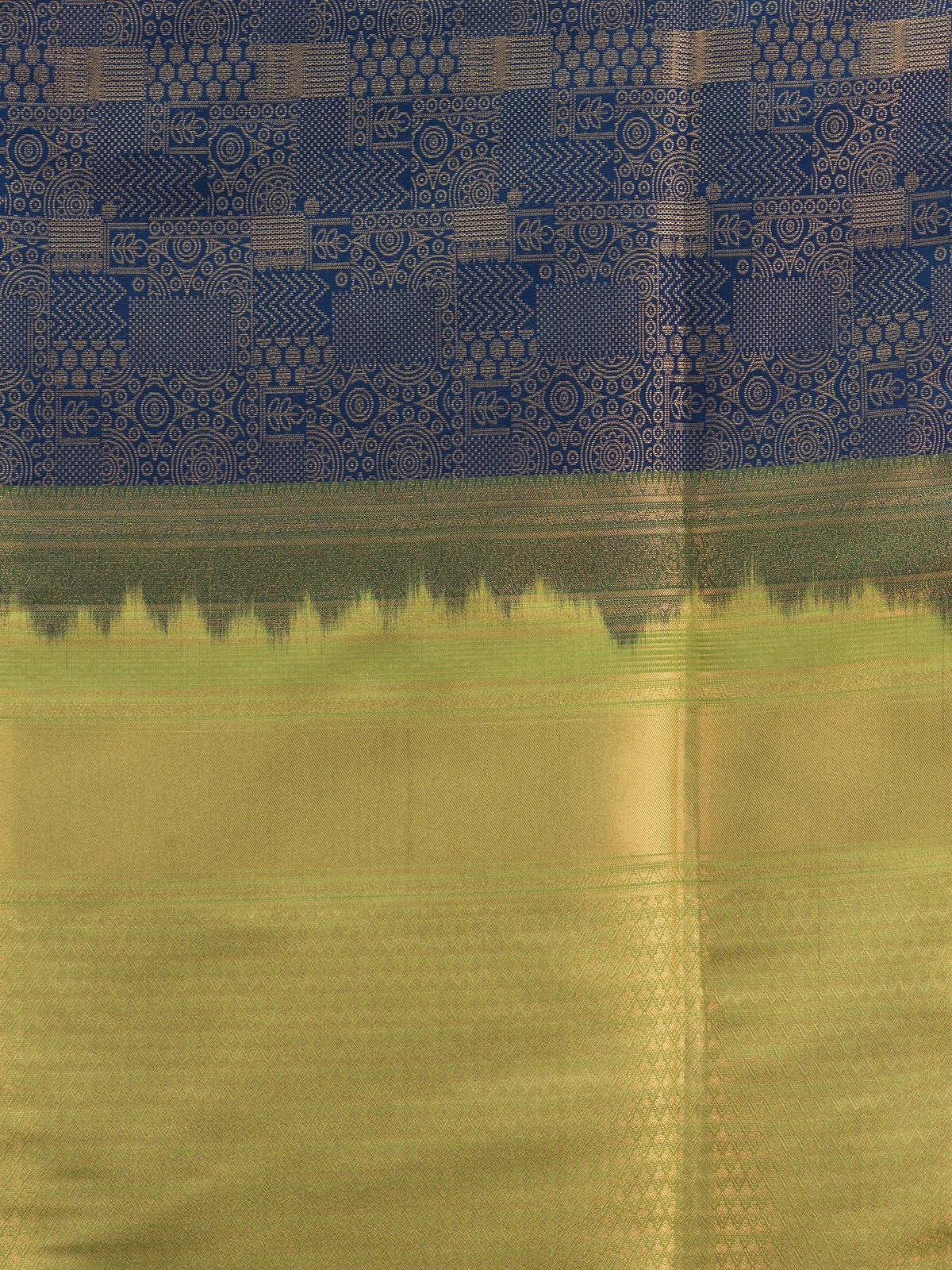Navy blue Kanchipuram fancy silk saree with gold zari brocade body and contrast lime-green zari border