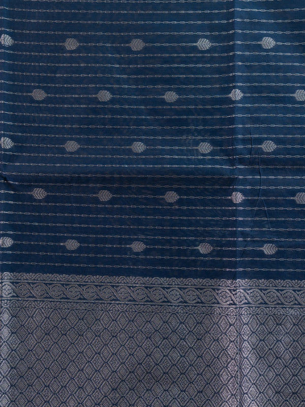 Navy blue silk cotton saree with silver zari stripes, buttis and ornate zari border