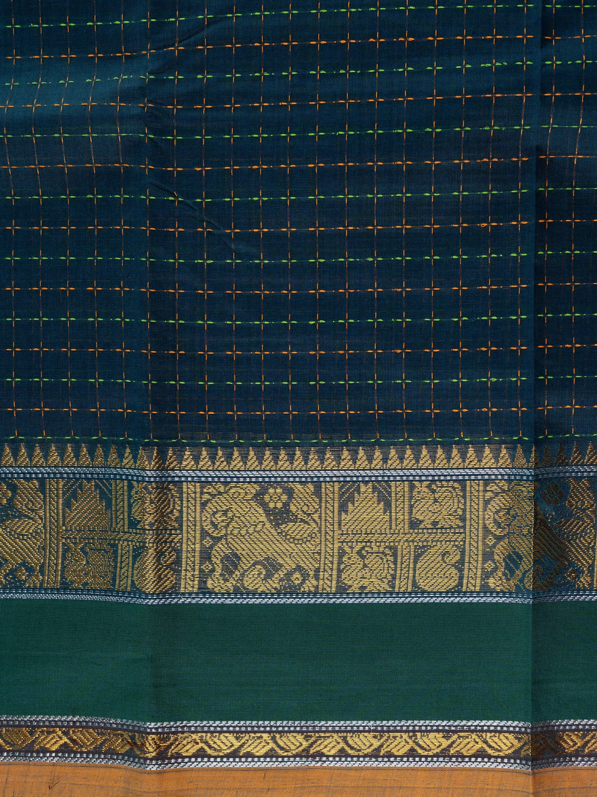 Peacock green Chettinad cotton saree with checked body, gold zari border and maroon striped pallu