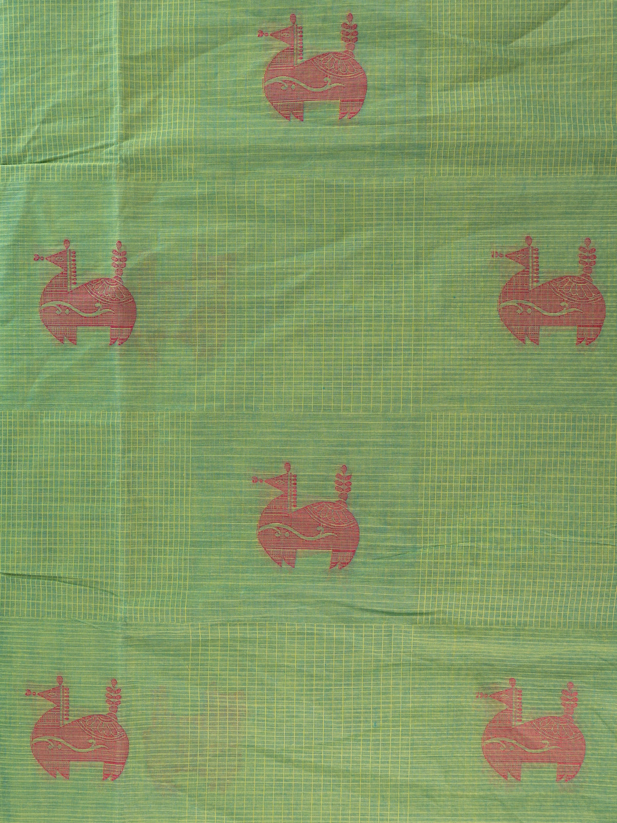 Green silk cotton saree with pink animal motifs and contrast blue-pink border