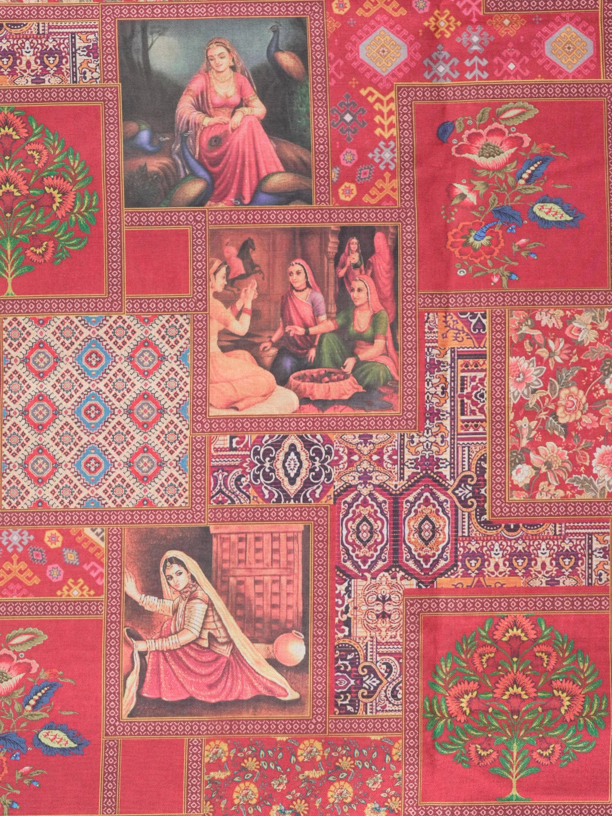 Red multicolour Dola silk saree with miniature painting patchwork print, peacock pallu and zari border