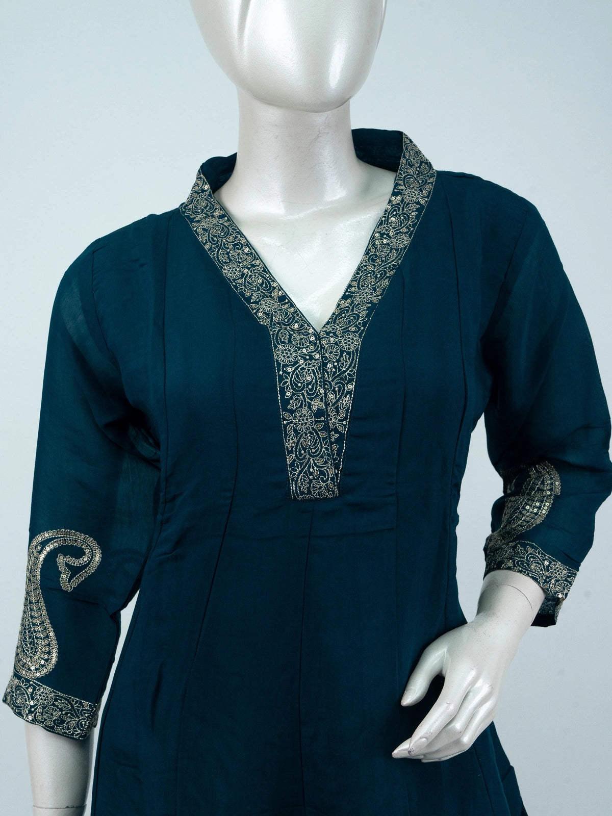 Teal zari embroidered paisley Anarkali kurti set with pants and dupatta