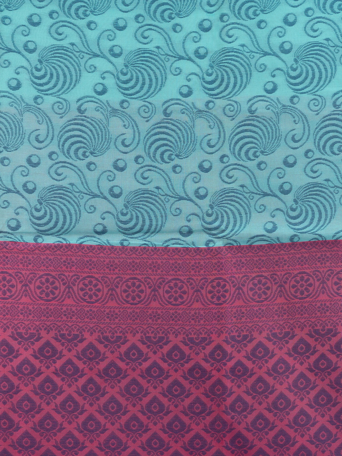 Teal blue silk cotton saree with woven swirl motifs and contrast magenta pink border and pallu