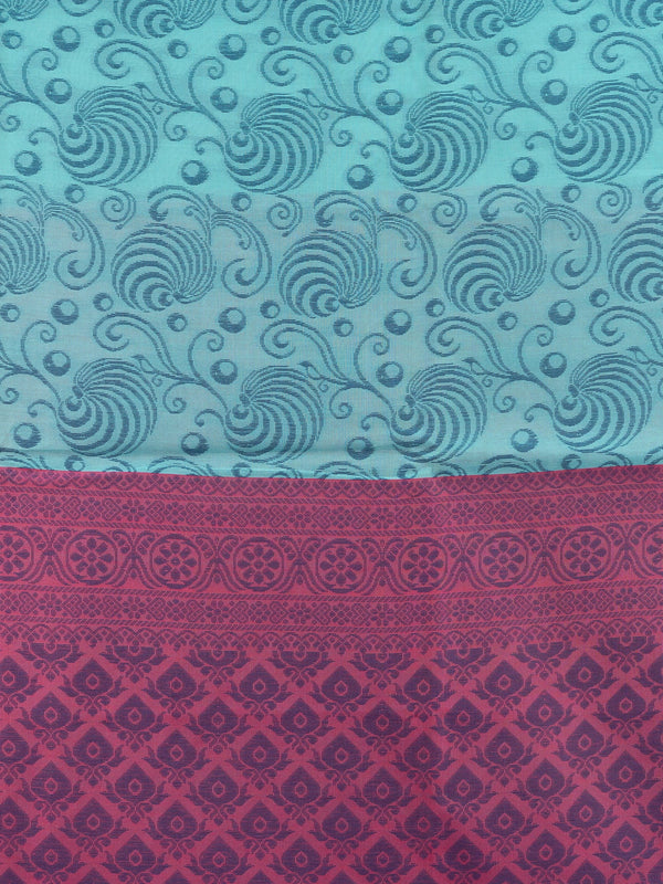 Teal blue silk cotton saree with woven swirl motifs and contrast magenta pink border and pallu