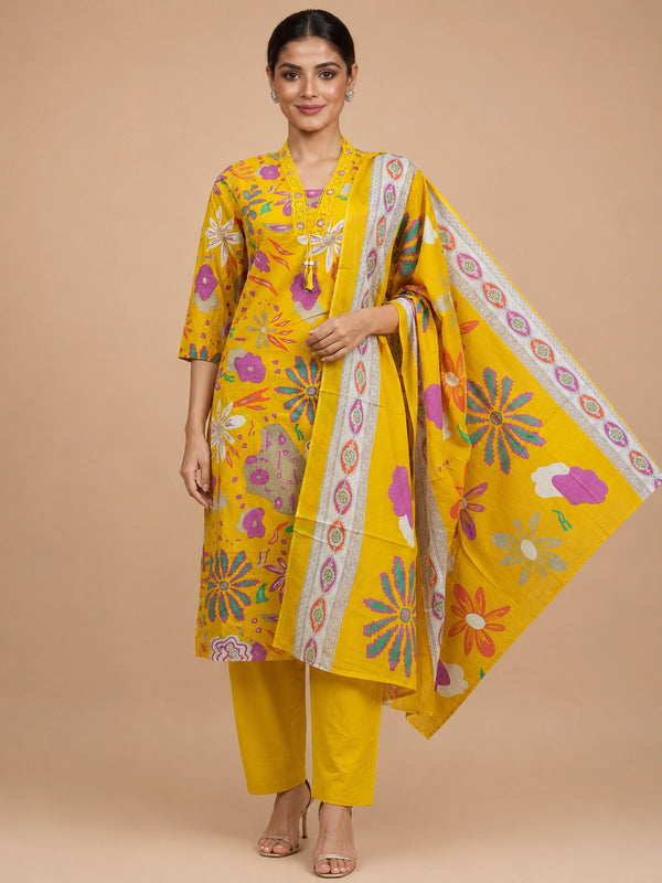 Yellow floral printed cotton kurti set with matching pants and printed dupatta