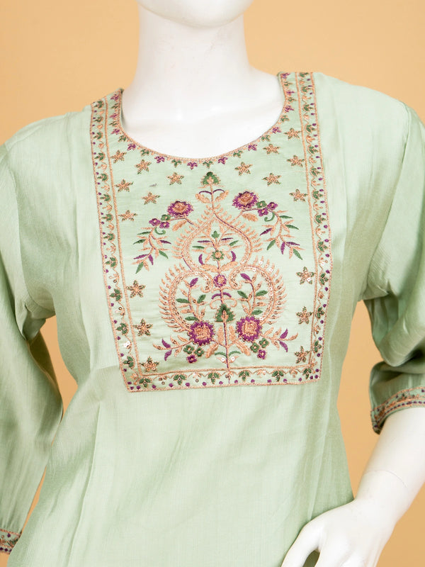 Sage green embroidered Chanderi silk Anarkali kurti top with floral zari yoke