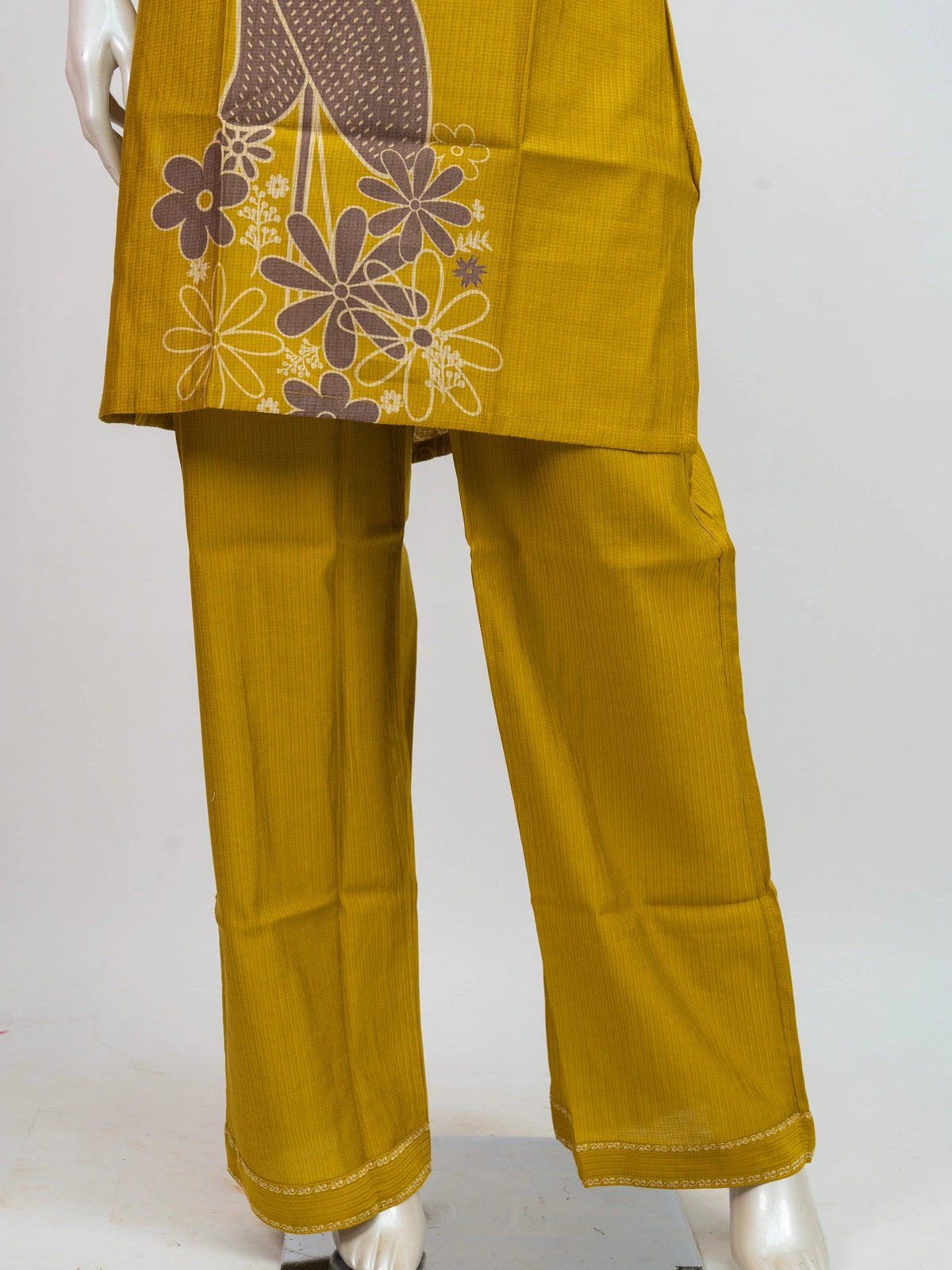 Mustard yellow peacock printed cotton co-ord kurti set with straight-fit pants