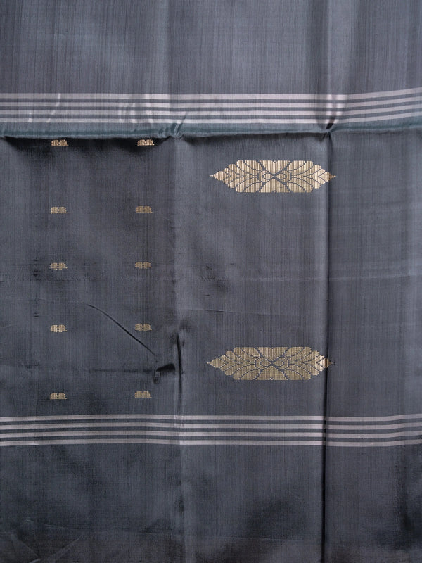 Blush beige Banana Silk saree with charcoal grey contrast pallu, gold zari leaf motifs and blue butta work
