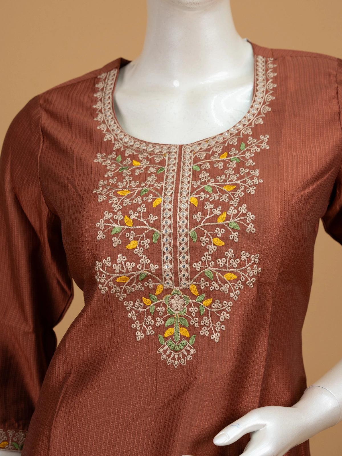 Rust brown embroidered cotton silk straight cut kurti top with floral neckline work