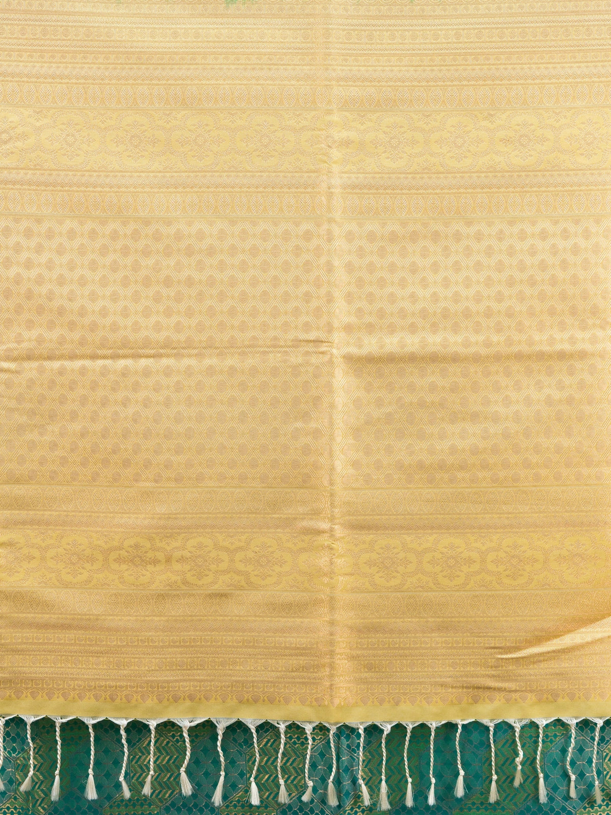 Green and gold Kanchipuram Fancy Silk saree with contrast gold zari border and woven pallu