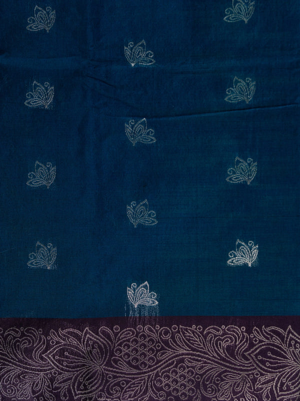 Peacock blue silk cotton saree with silver lotus buttas and contrast purple silver-woven border