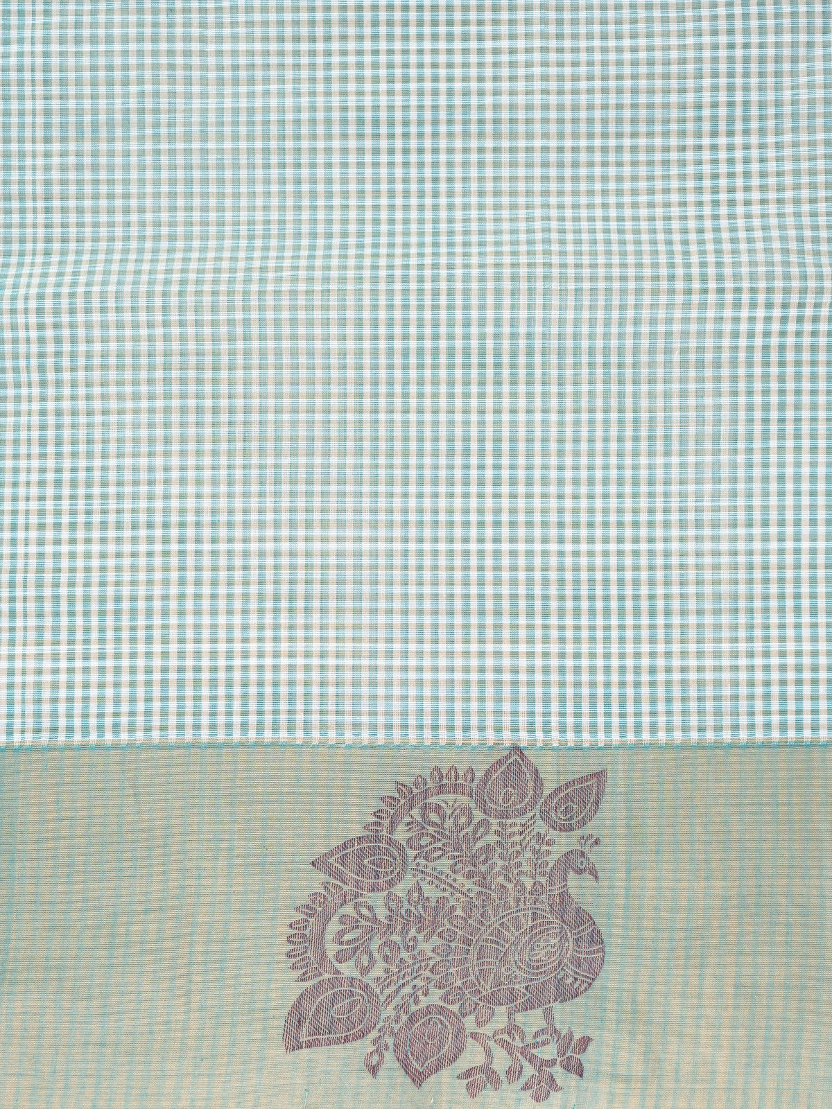Aqua blue and teal checked silk cotton saree with contrast woven paisley and floral pallu