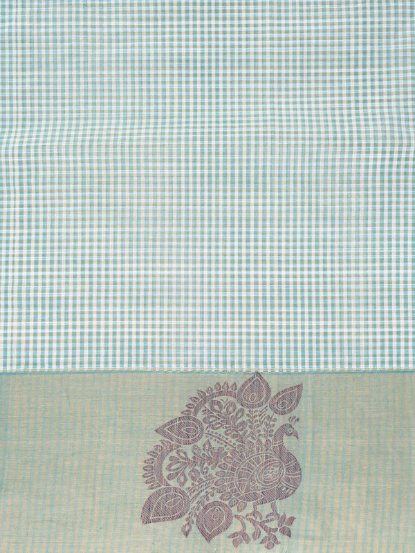 Aqua blue and teal checked silk cotton saree with contrast woven paisley and floral pallu