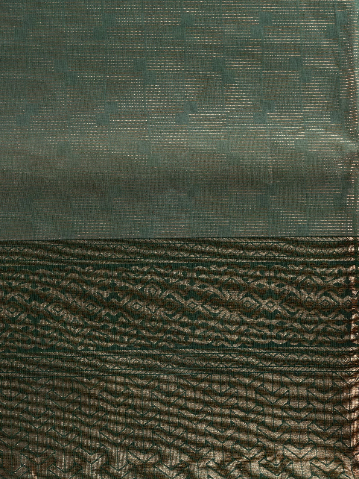 Dark green silk cotton saree with copper-gold zari border and geometric woven pallu