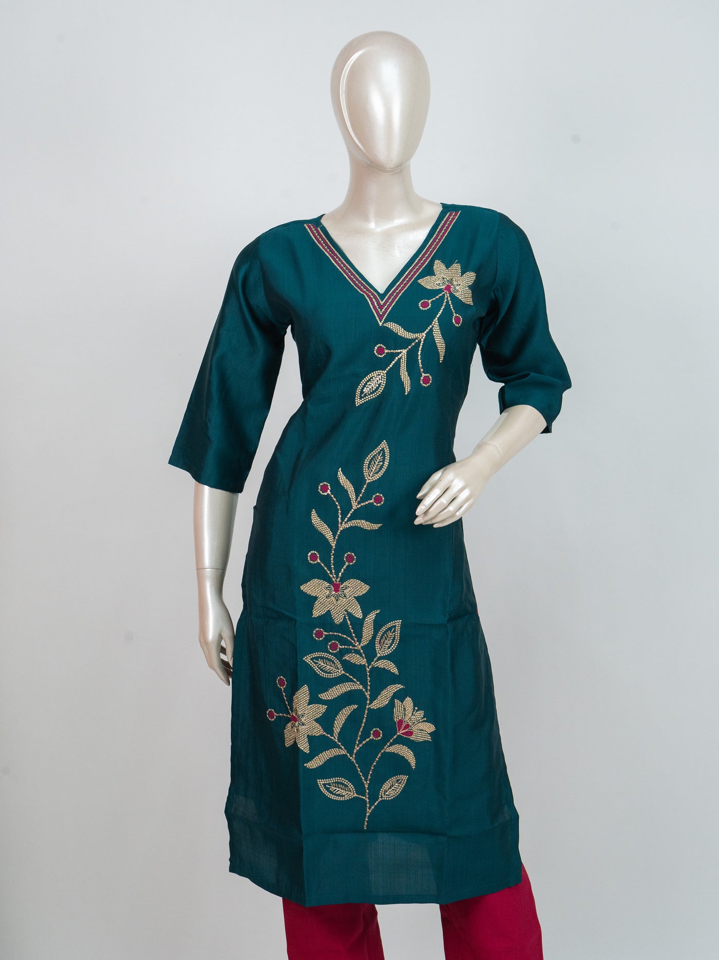 Teal Blue with Pink Dupatta Ready Made Straight Cut Kurti Set