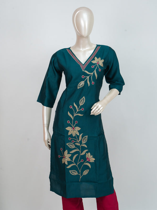 Teal Blue with Pink Dupatta Ready Made Straight Cut Kurti Set