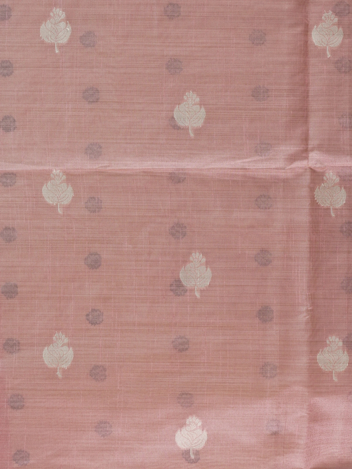 Dusty rose pink linen cotton saree with cream floral buttas, contrast scroll border and printed kalamkari pallu
