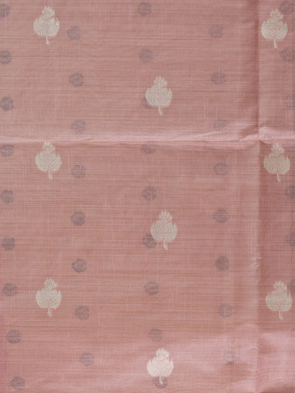 Dusty rose pink linen cotton saree with cream floral buttas, contrast scroll border and printed kalamkari pallu