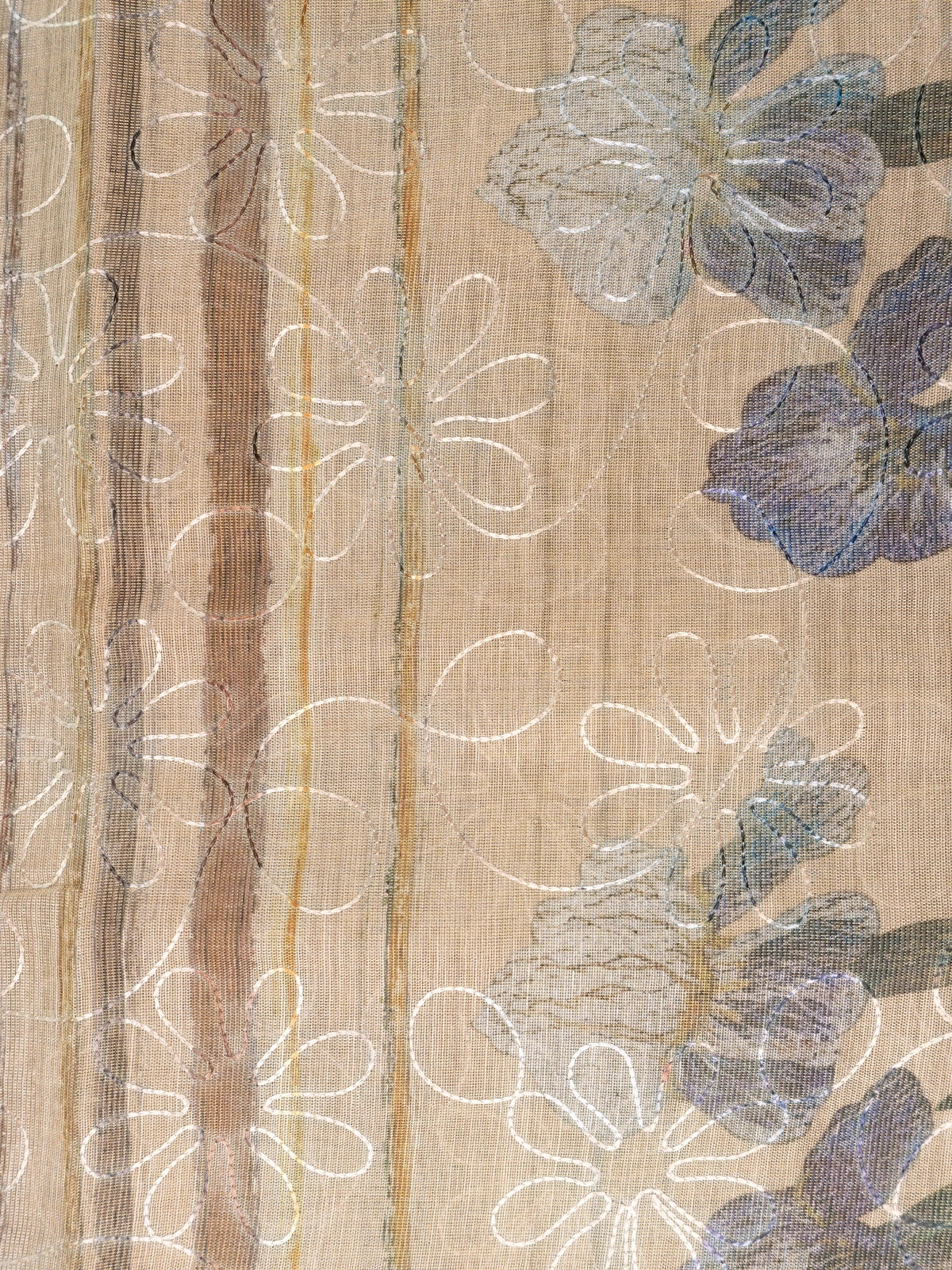 Beige and green linen cotton saree with striped body, floral iris pallu and green zari border