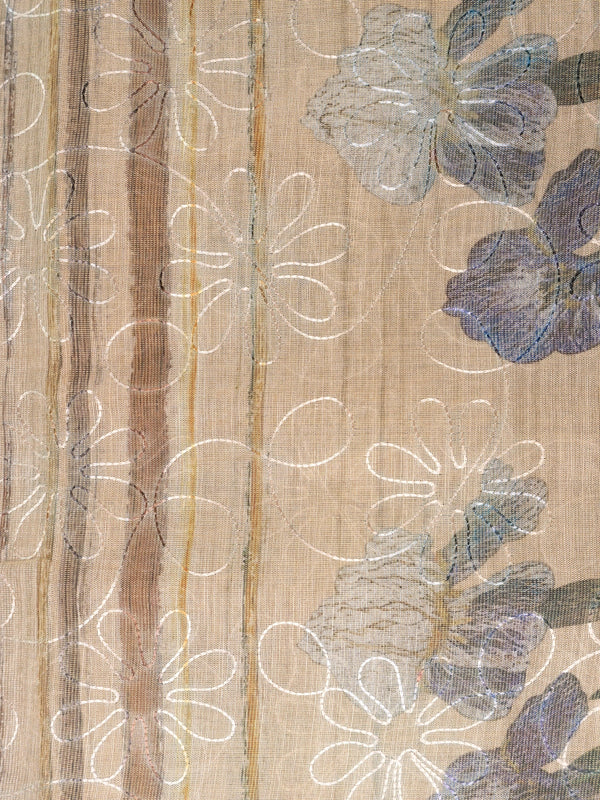 Beige and green linen cotton saree with striped body, floral iris pallu and green zari border