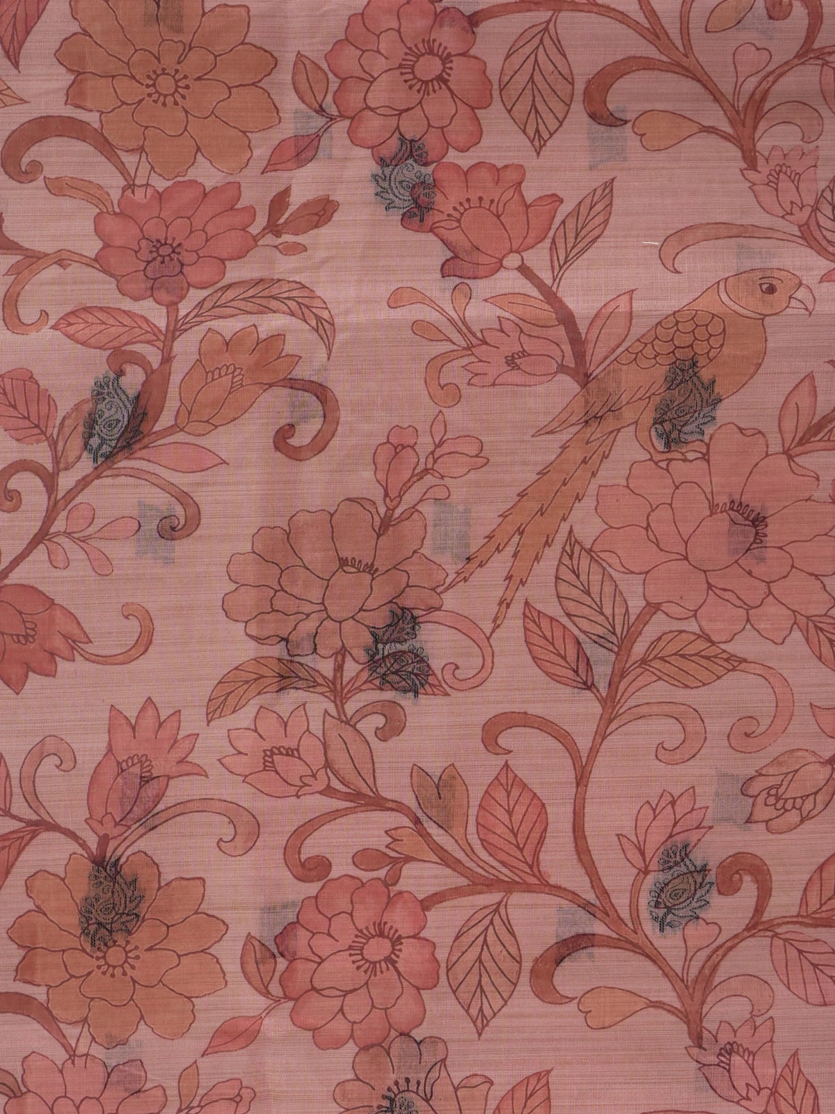 Peach and grey floral printed linen cotton saree with Kalamkari-style parrot motifs and contrast border