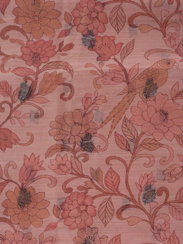 Peach and grey floral printed linen cotton saree with Kalamkari-style parrot motifs and contrast border