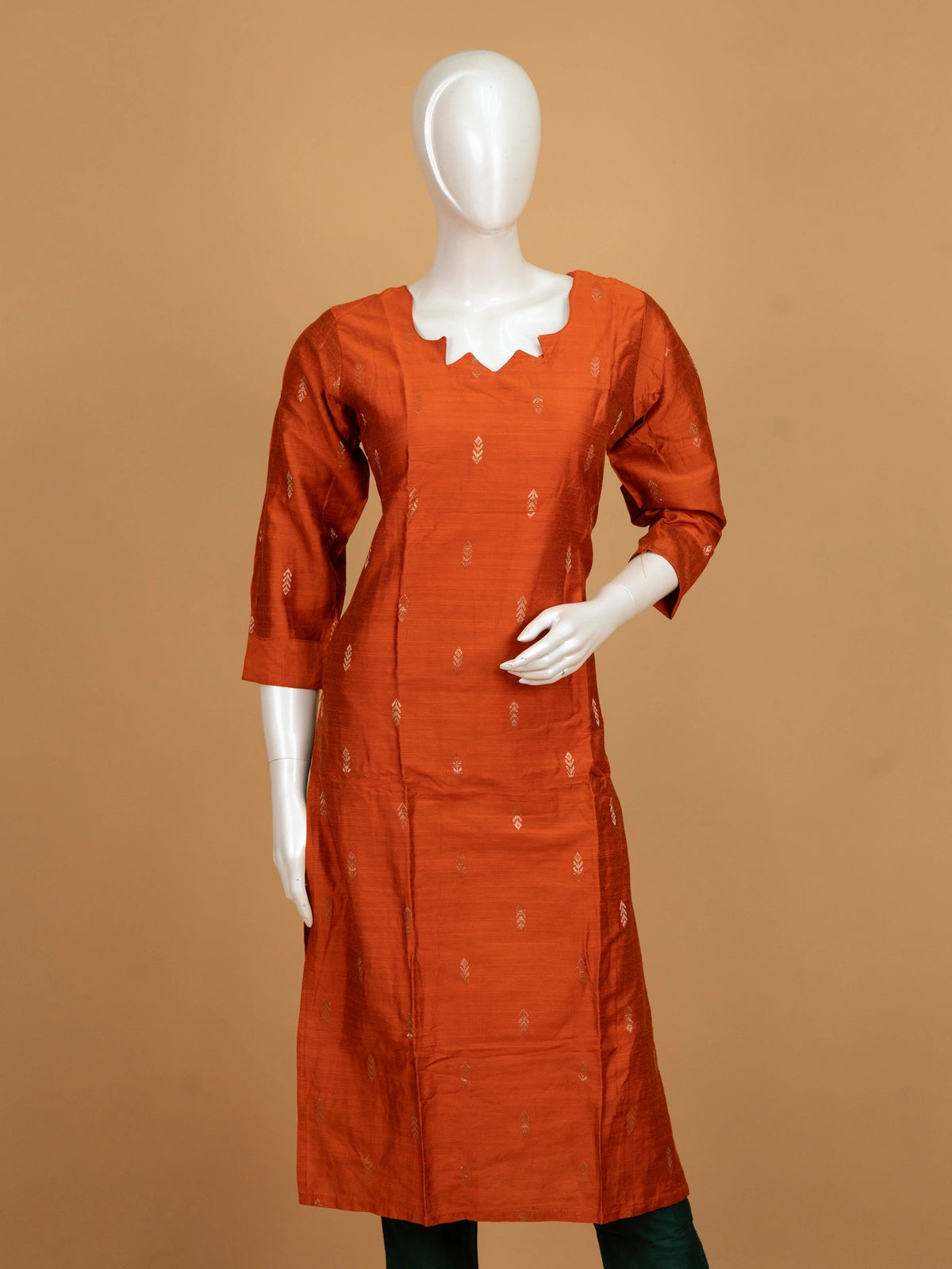 Rust orange zari butta silk blend straight cut kurti set with deep green pants and dupatta