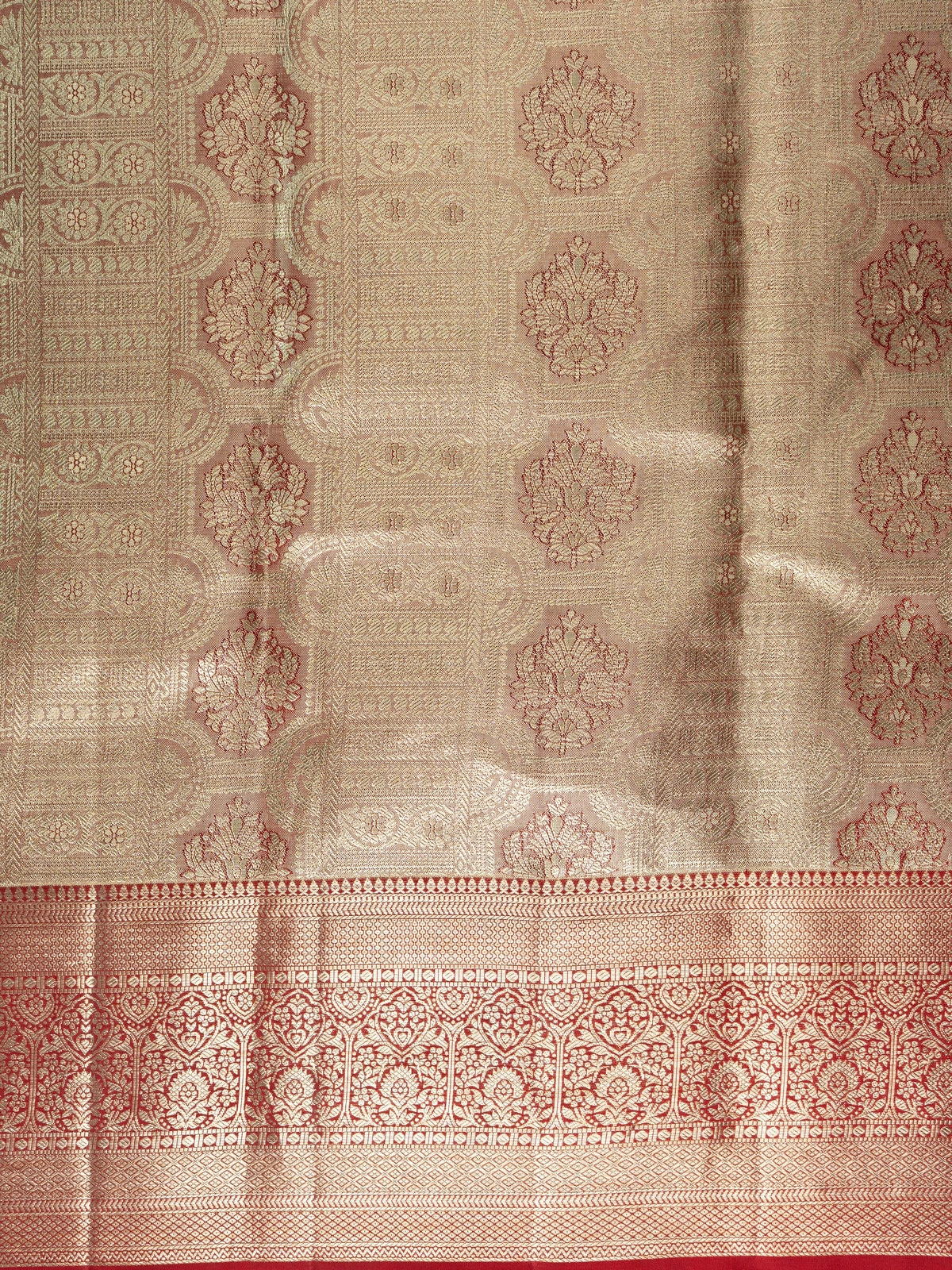 Golden beige pure Kanchipuram silk saree with gold zari motifs and contrast maroon border and pallu