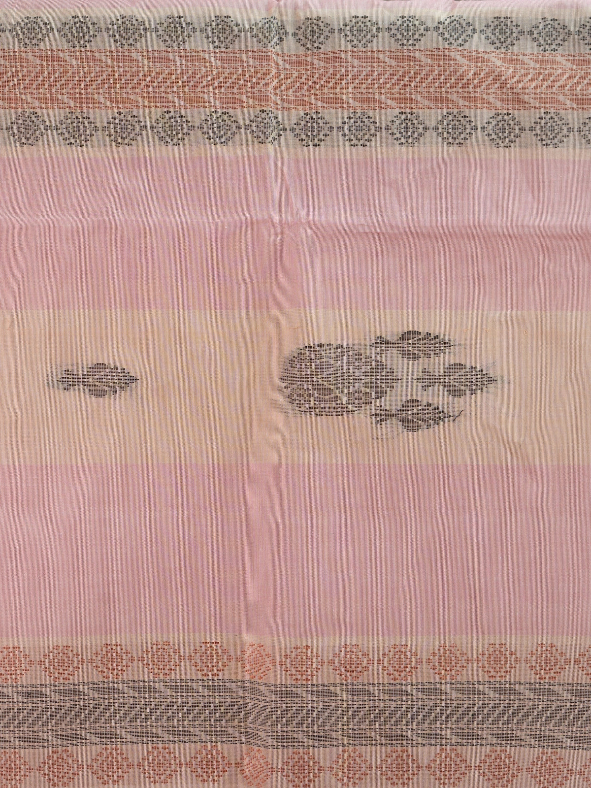 Pink and beige silk cotton saree with striped body, floral buttas and contrast geometric woven border