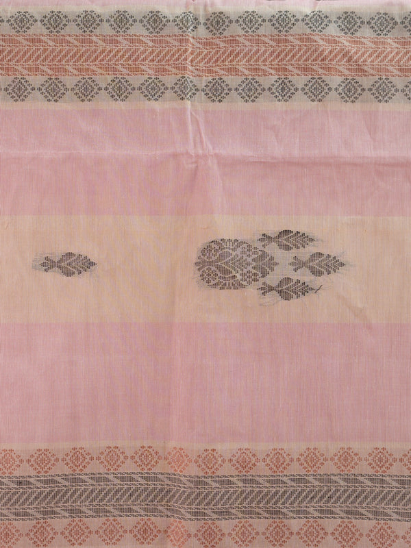 Pink and beige silk cotton saree with striped body, floral buttas and contrast geometric woven border