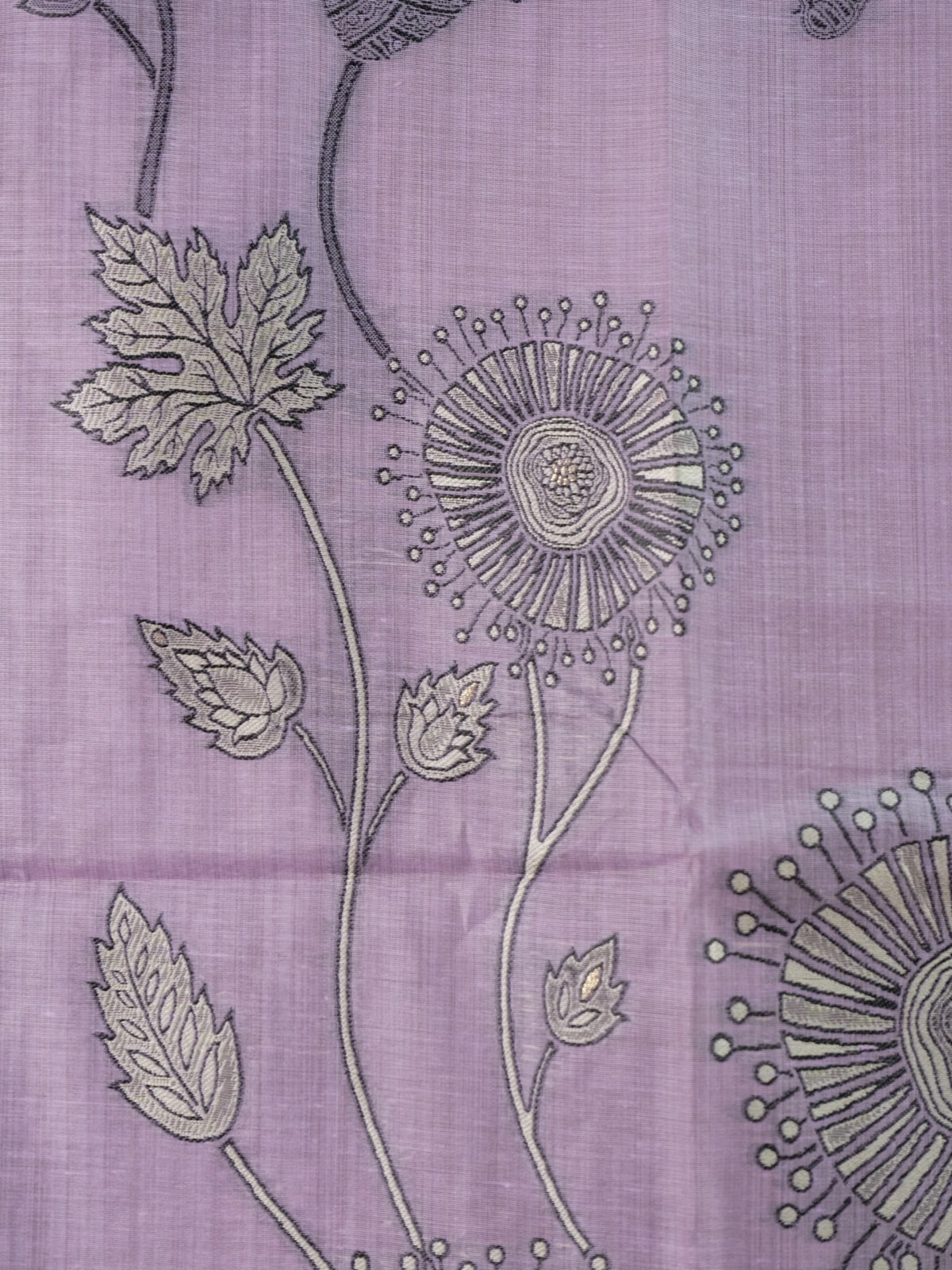 Lavender linen cotton saree with grey contrast border, floral pallu and yellow blouse