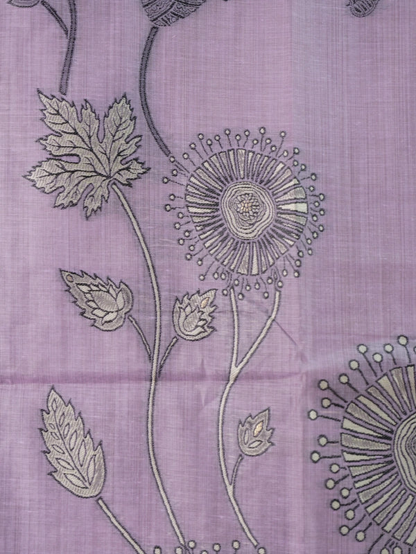 Lavender linen cotton saree with grey contrast border, floral pallu and yellow blouse