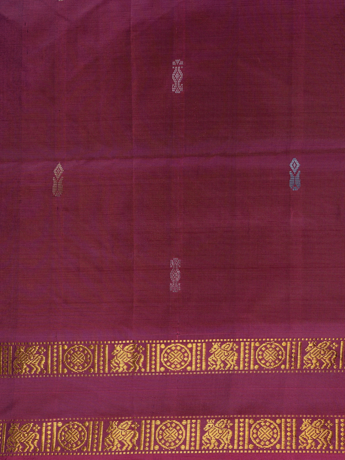 Maroon banana silk saree with gold zari border and contrast grey-blue pallu