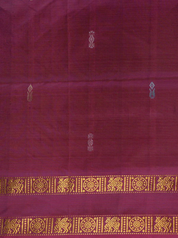 Maroon banana silk saree with gold zari border and contrast grey-blue pallu