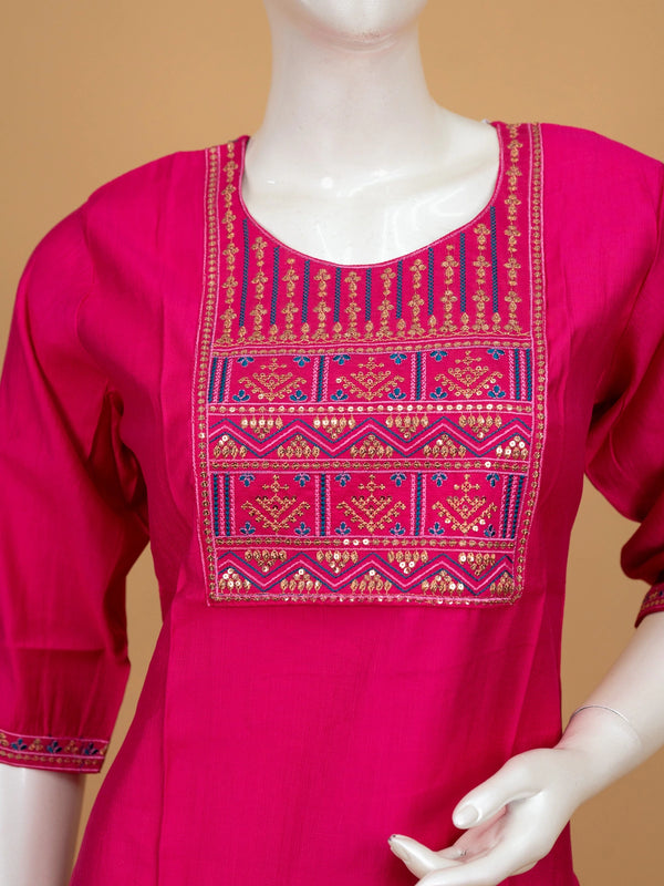 Rani Pink cotton embroidered straight cut kurti top with gold and blue yoke work