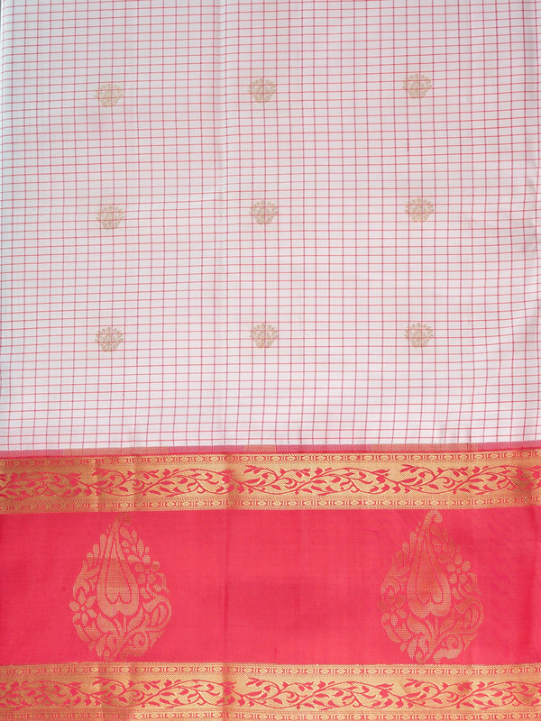 White and rani pink pure Kanchipuram silk saree with checked body, gold zari buttis and contrast zari border