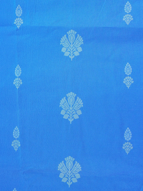 Blue Dola silk saree with white floral buti motifs and contrast zari border