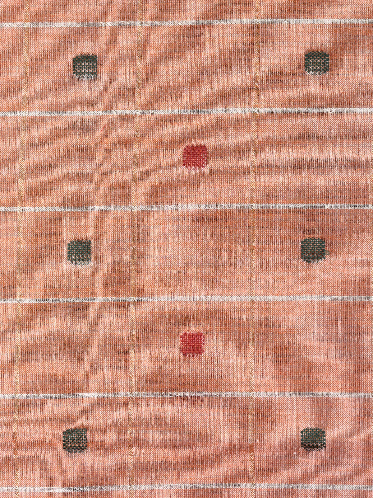 Peach and grey linen cotton saree with woven checks, buttis and contrast border