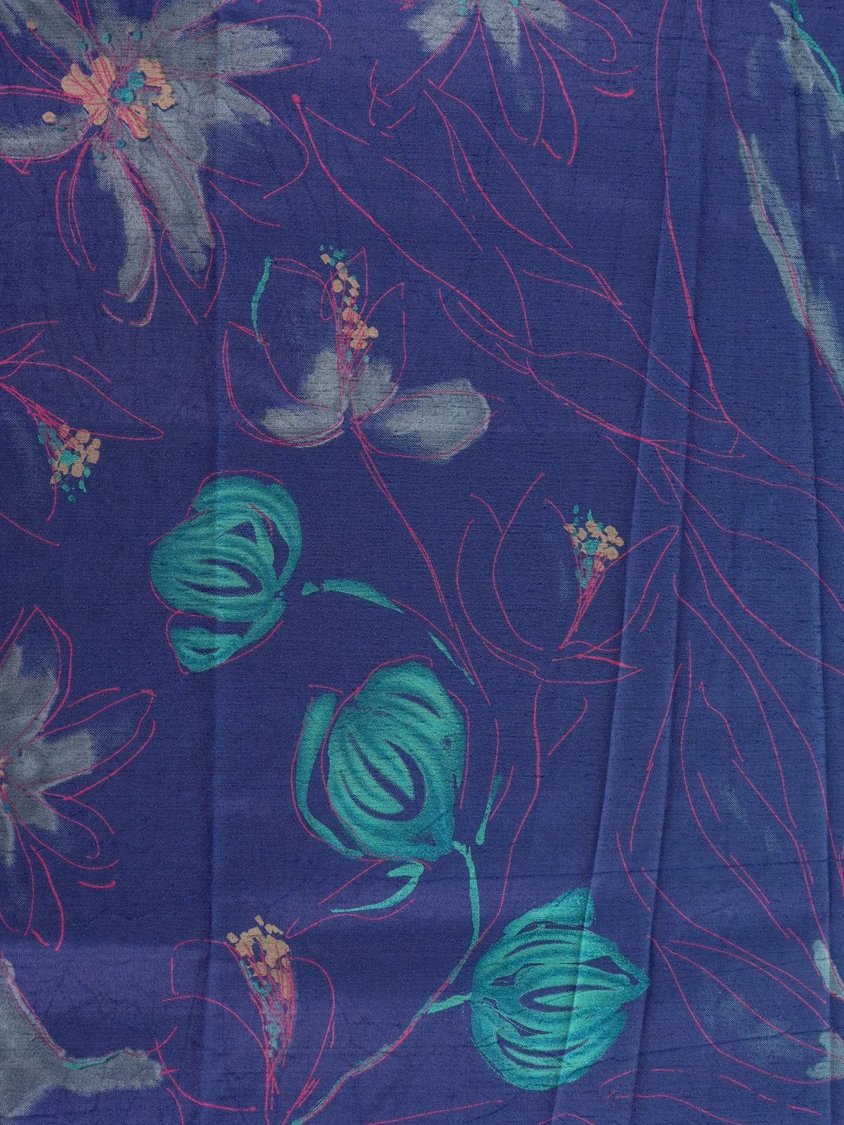 Navy-blue Dola silk saree with floral print and contrast teal-green zari border