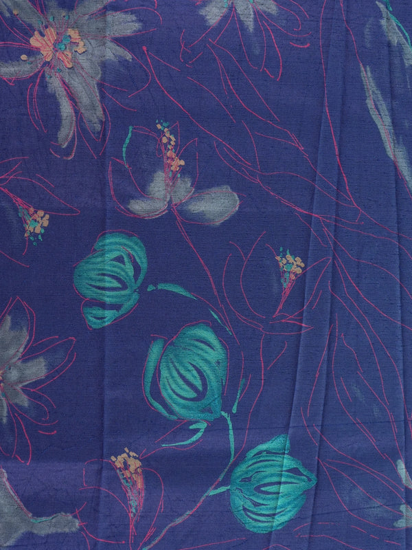 Navy-blue Dola silk saree with floral print and contrast teal-green zari border